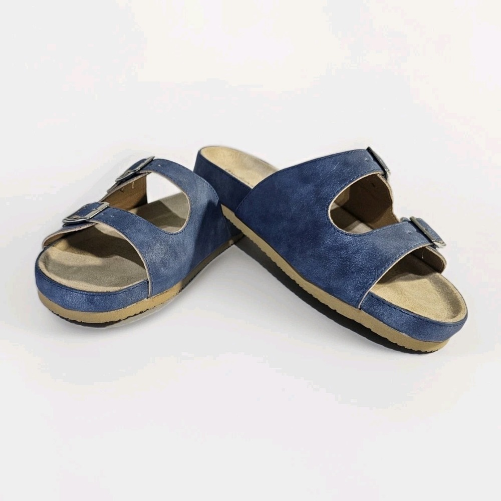 Comfortview Slide Sandals Womens 8w Blue Double Strap Adjustable Buckle Flat